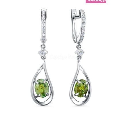 Серьги из серебра с зелёным янтарём и фианитами родированные 925 пробы 04-802-0054-09