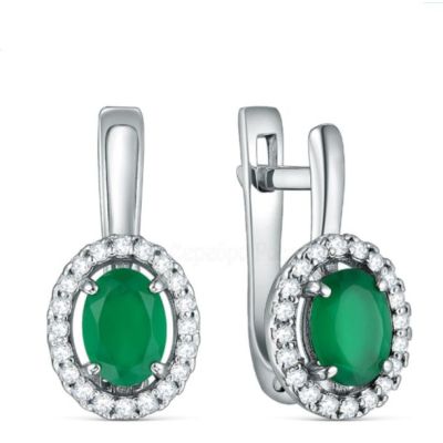 Серьги из серебра с зелёным агатом и фианитами родированные