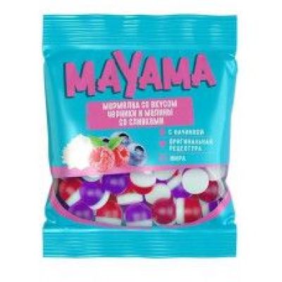«Mayama», мармелад жевательный с желейной начинкой со вкусом черники и малины со сливками, 70 г