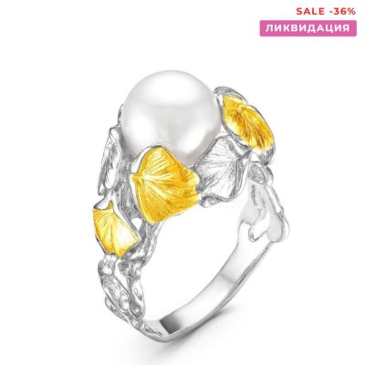 Кольцо из серебра с жемчугом Swarovski, фианитами и золочением родированное 925 пробы К-1391002рз101