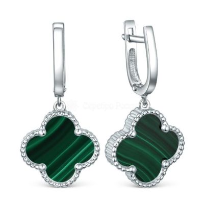 Серьги из серебра с малахитом родированные - Клевер, четырёхлистник 221-10-148-3р