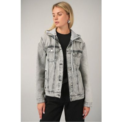 Женская джинсовая куртка с капюшоном Happyfox СВЕТЛО-СЕРЫЙ