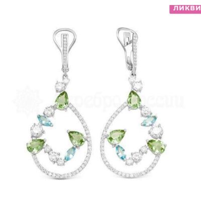 Серьги из серебра с кварцем и фианитами родированные 925 пробы с-3137р