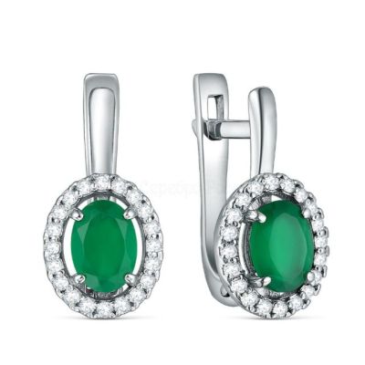 Серьги из серебра с зелёным агатом и фианитами родированные 20156р459