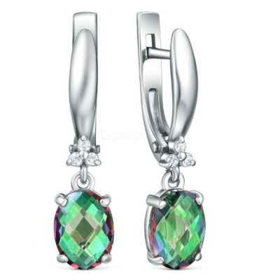 Серьги из серебра с плавленым кварцем цвета мистик и фианитами родированные 925 пробы 00062255РС