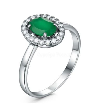 Кольцо из серебра с зелёным агатом и фианитами родированное 10156р459