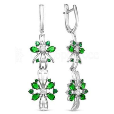 Серьги из серебра с кварцем изумруд и фианитами родированные 925 пробы 2-022р133