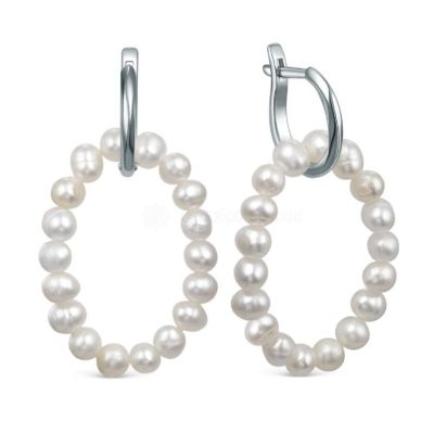 Серьги-трансформеры (2 в 1) из родированного серебра с белым пресноводным жемчугом на резиновой нити 2340055321