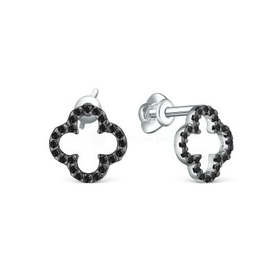 Серьги-пусеты из серебра с натуральной чёрной шпинелью родированные - Клевер 925 пробы С-7351чр416
