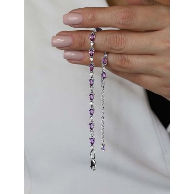 Браслет из серебра с натуральным аметистом и фианитами родированный