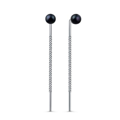 Серьги-продёвки из серебра с культивированным чёрным жемчугом родированные 925 пробы 2-569р1006