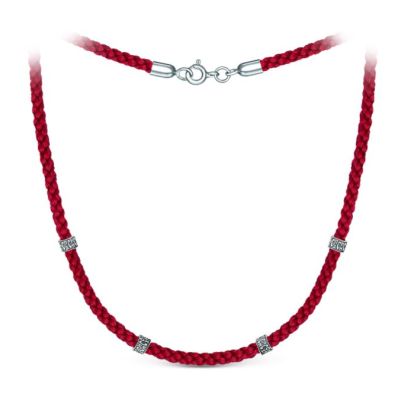 Шнурок красный текстильный с подвижными элементами из чернёного серебра - Спаси и сохрани ШВ-4-03/2